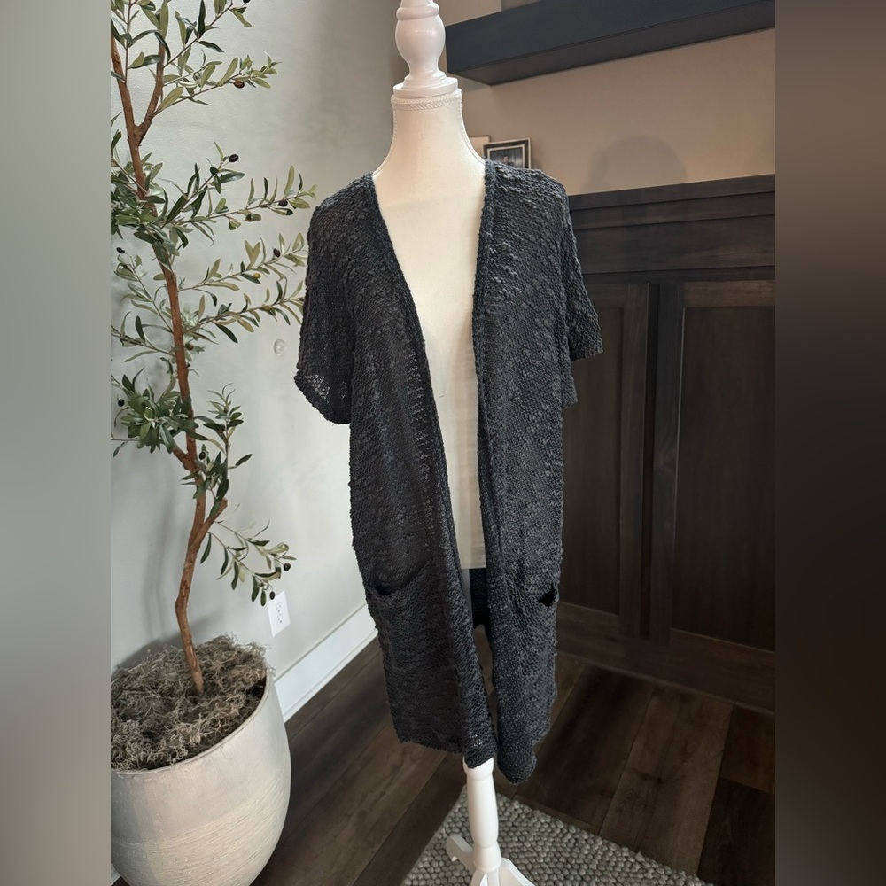 Women’s Medium Short Sleeve Cardigan, Gray, Chunky Knit